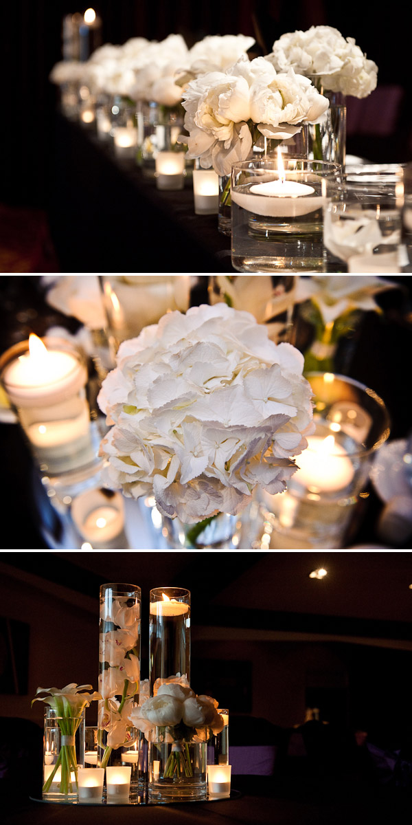 The centerpieces were different levels of clear glass vases with our 