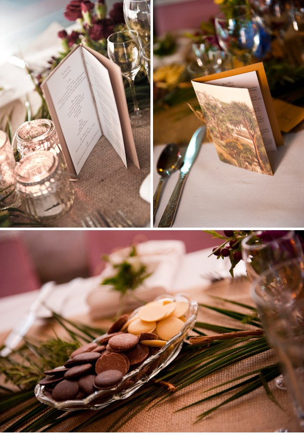 I laid the tables with hessian runners then Susan laid palm leaves