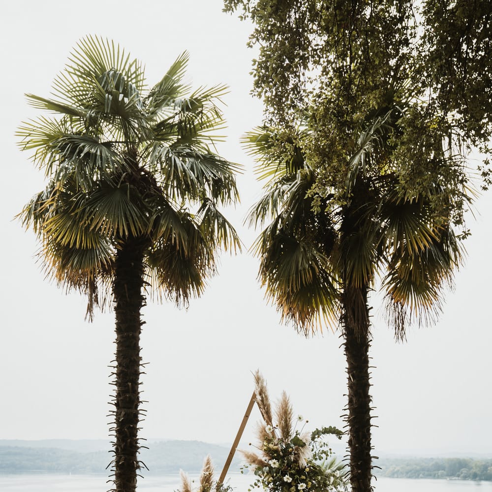 Italian destination wedding at Cella Grande, Lake Viverone, Italy with wooden frame altar, pampas grass and log decor 
