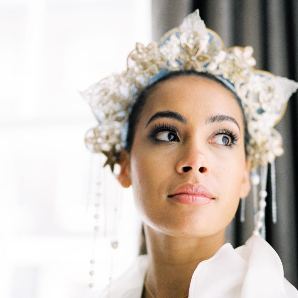 Bride wears floral golden crown