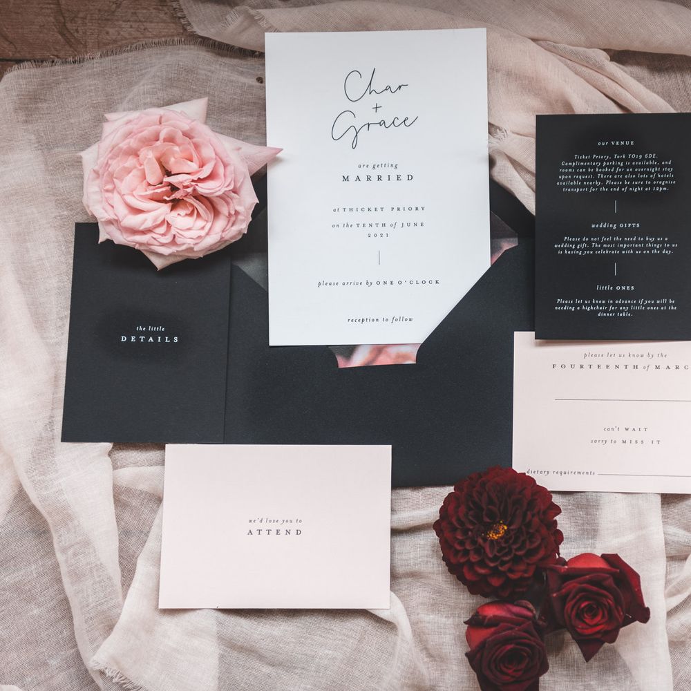 Contemporary black and white wedding stationery suite with floral envelope insert