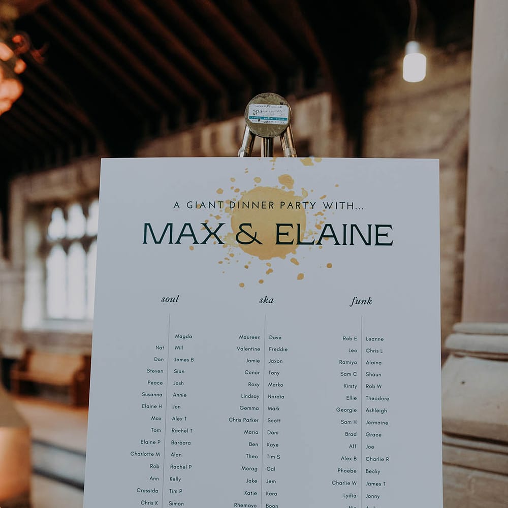 Contemporary wedding stationery featuring yellow design to top and black lettering 