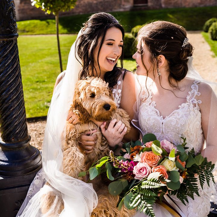Brides in lace wedding dresses sit together with their pet dog and colourful wedding bouquet 
