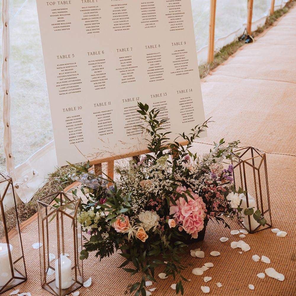 Star theme neutral coloured wedding table seating plan with flowers and lanterns for decor 