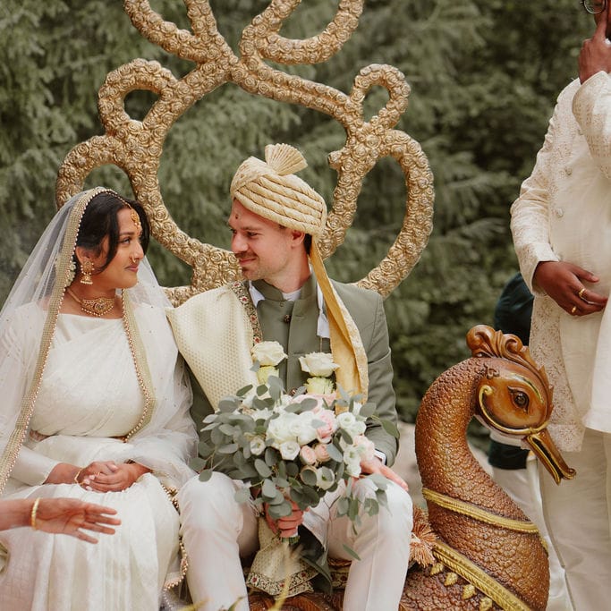 Hindu wedding ceremony with bride in a Lehenga and groom in a Sherwani