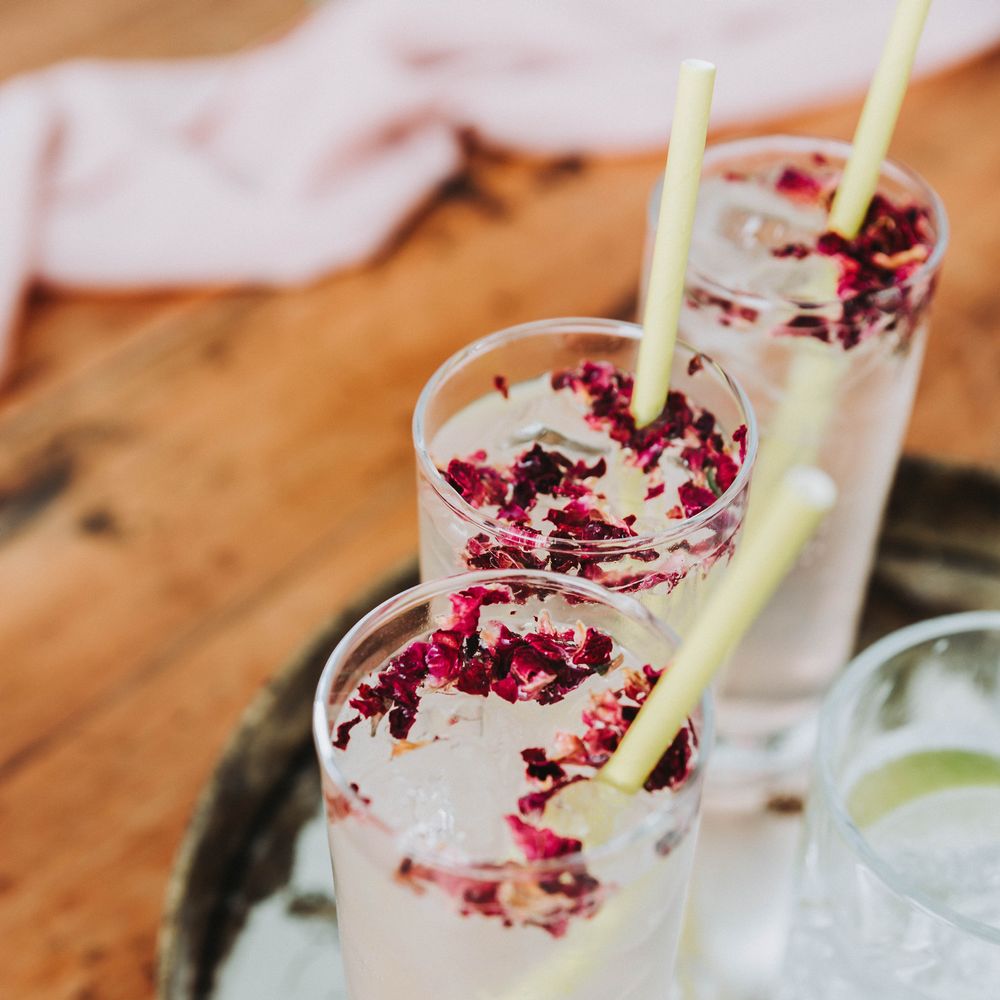 Gin cocktails complete with dried edible florals in pink and paper straws 
