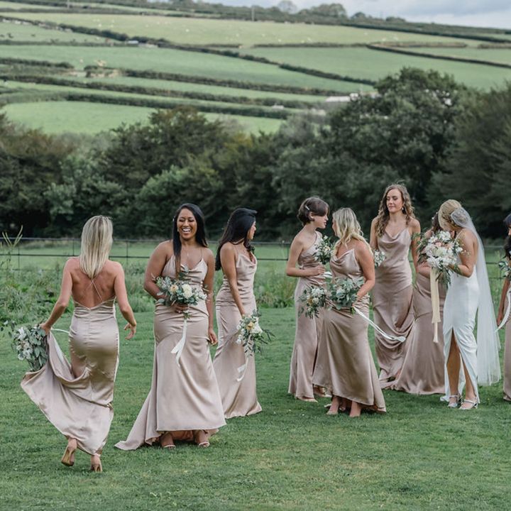 Pink satin bridesmaid dresses for Trevenna Barns wedding