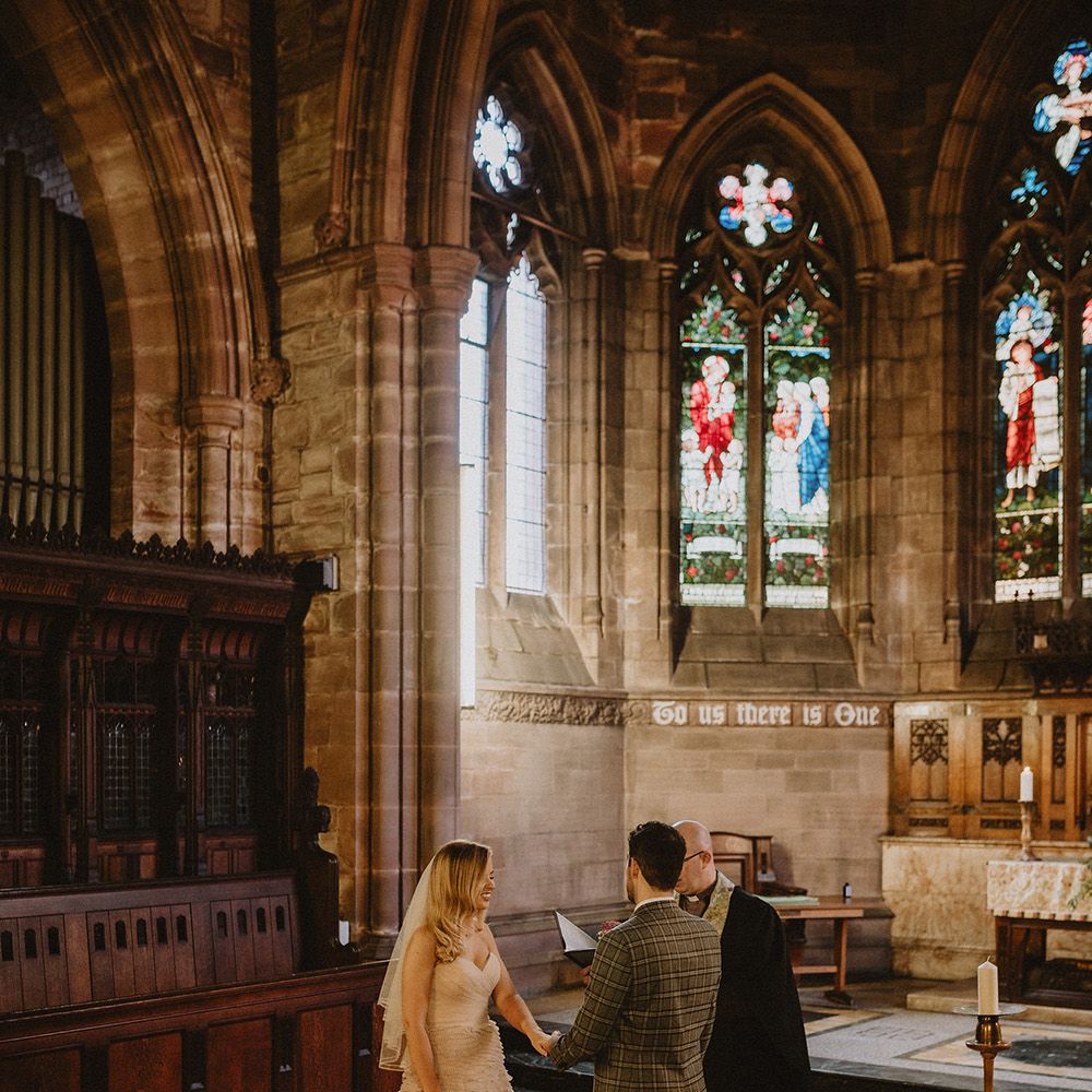 Bride and groom at church micro wedding