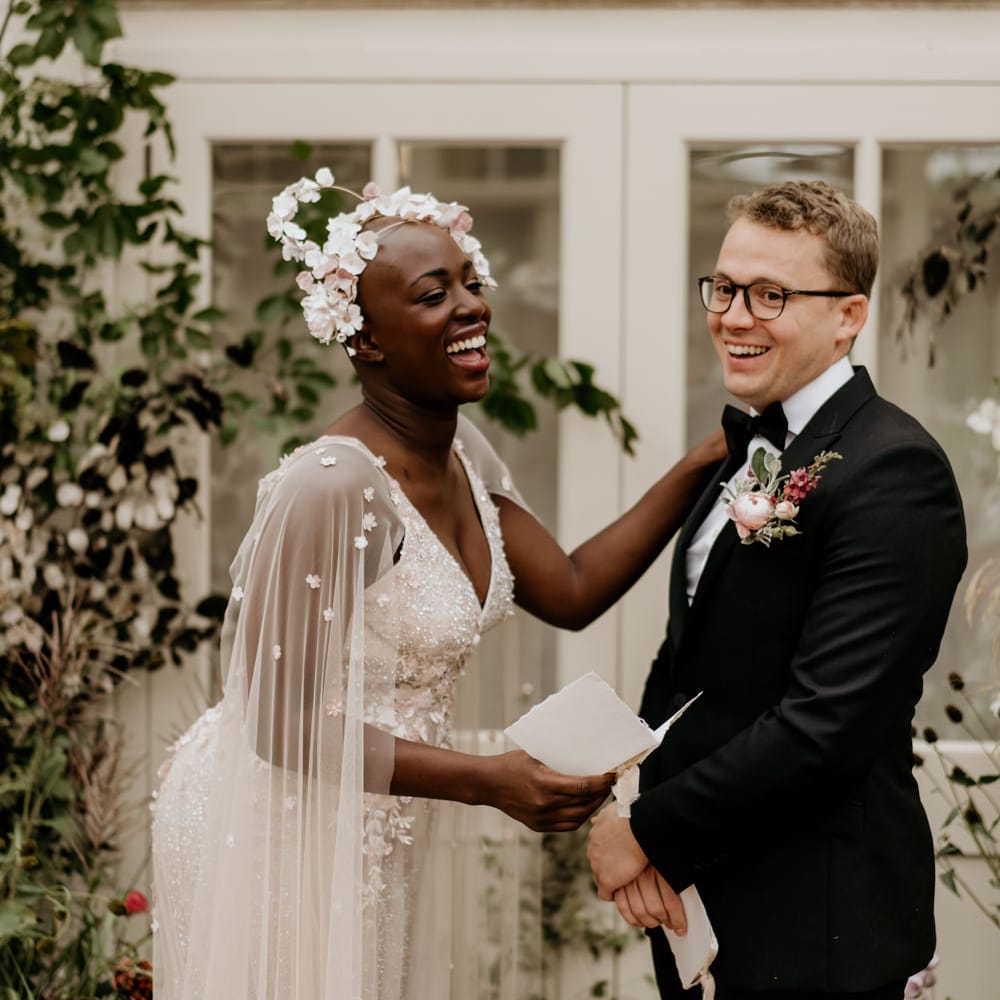 Bride and groom portrait at an intimate elopement at Our Beautiful Glasshouse with bride in a blush pink dress