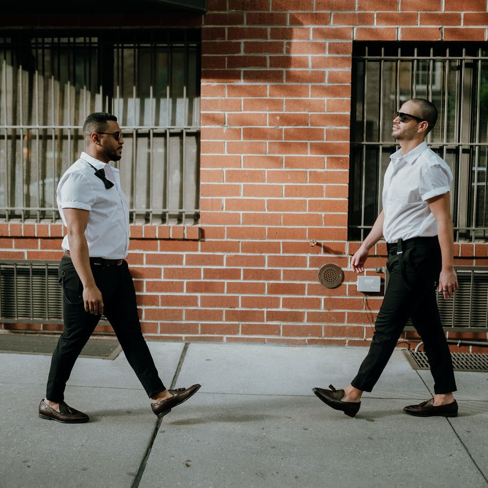Stylish grooms at intimate rooftop elopement in New York