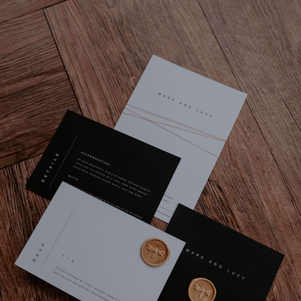 Black and white modern wedding stationery suit with gold beed wax seal for modern Manchester Hall wedding 
