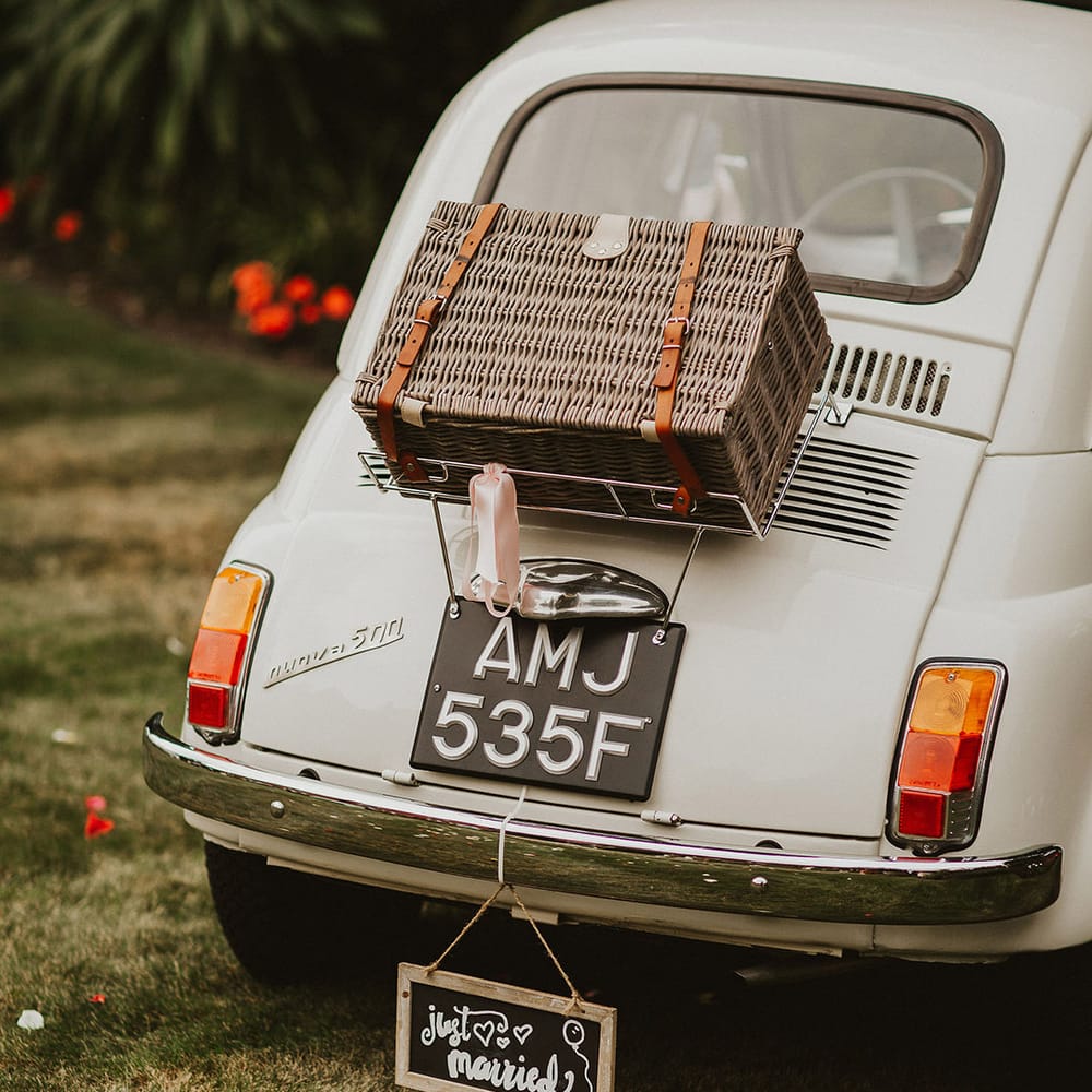 Vintage 1968 Fiat 500 restored for wedding day complete with hamper to the back