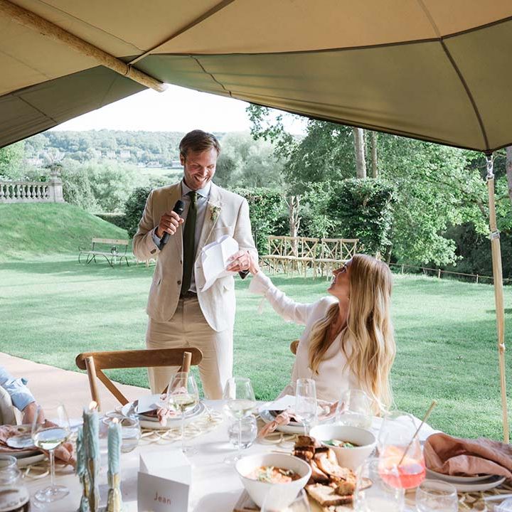 Groom gives a speech at his garden wedding in Buffalo Tipi