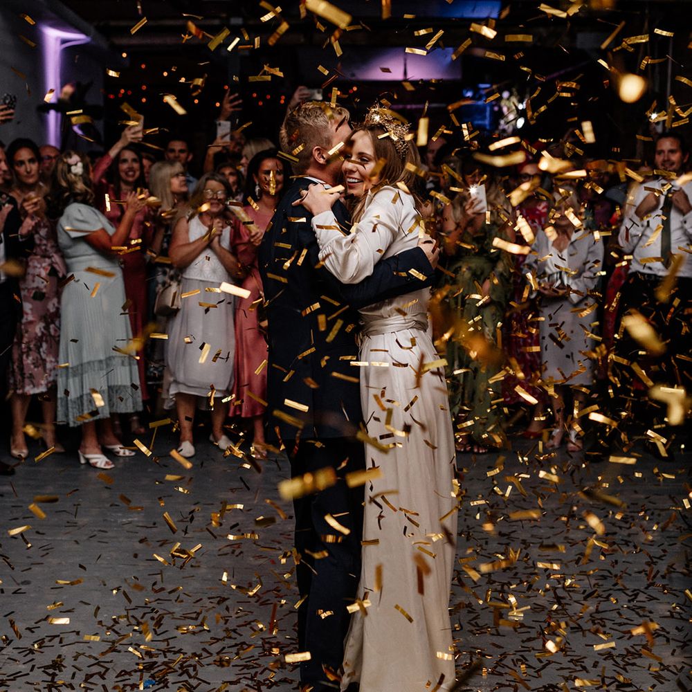 First dance with gold ticker tape confetti bomb at The Loft Studios 