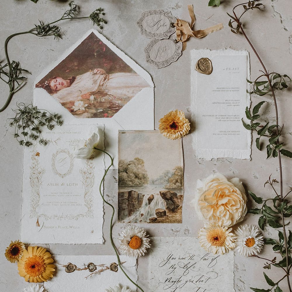 Flat lay of vintage style wedding stationery suite with calligraphy and aged paper 