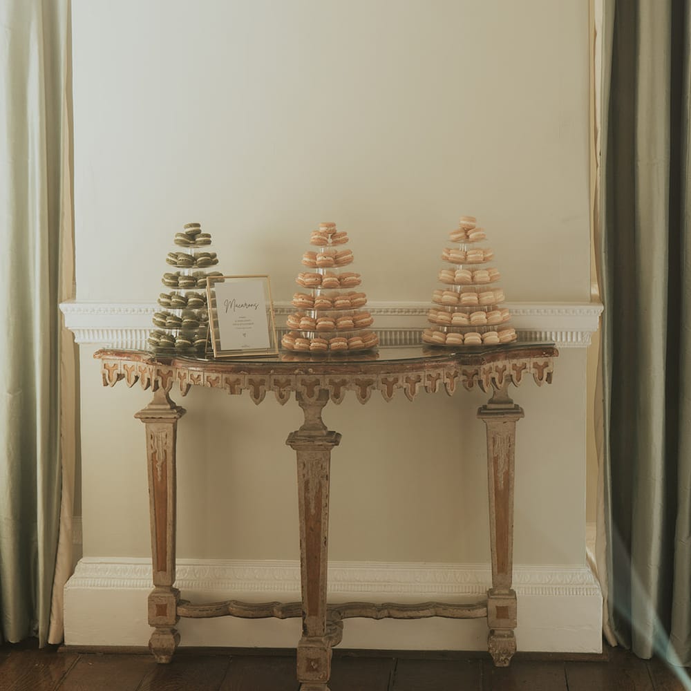 Macaron dessert towers for the wedding guests to snack on 