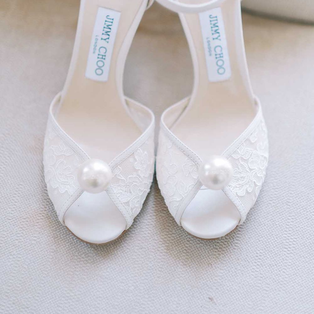 Jimmy Choo peep toe wedding shoes with lace and pearl detail 