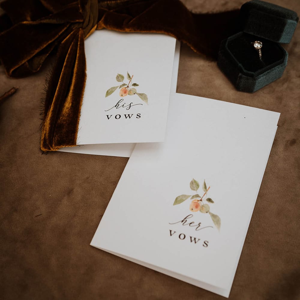 Minimalistic luxe wedding vows with watercolour paintings and large rust coloured velvet bow next to velvet green wedding ring holder