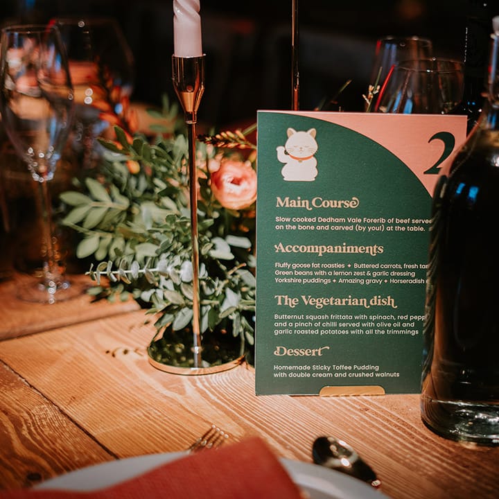 Forest green and orange wedding stationery with Chinese lucky cat and retro lettering