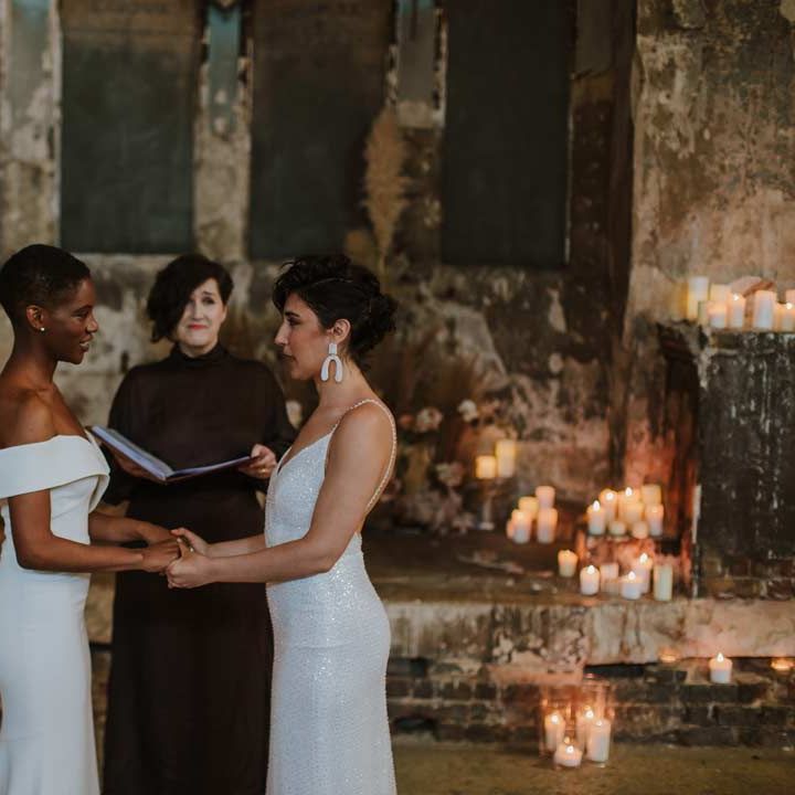 Bride in off the shoulder satin wedding dress and bride in sleeveless sparkly wedding dress getting married at Asylum London wedding - other section of wedding budget spreadsheet 