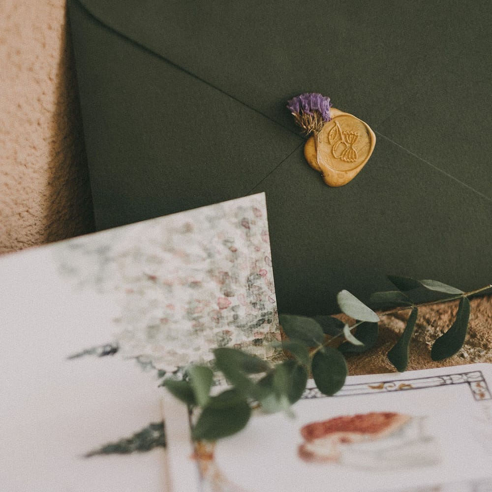 green envelope with gold wax seal wedding stationery suite