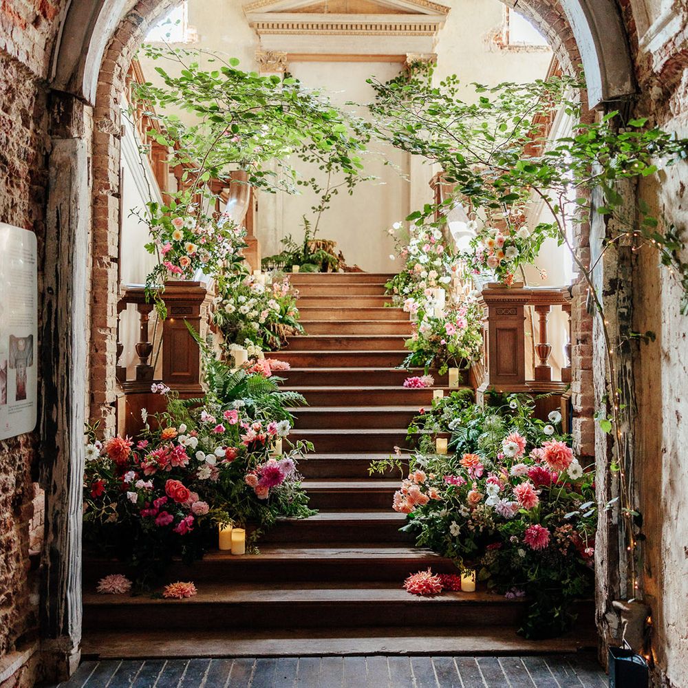 Luxury pink wedding flowers at The Grange, Hampshire wedding 