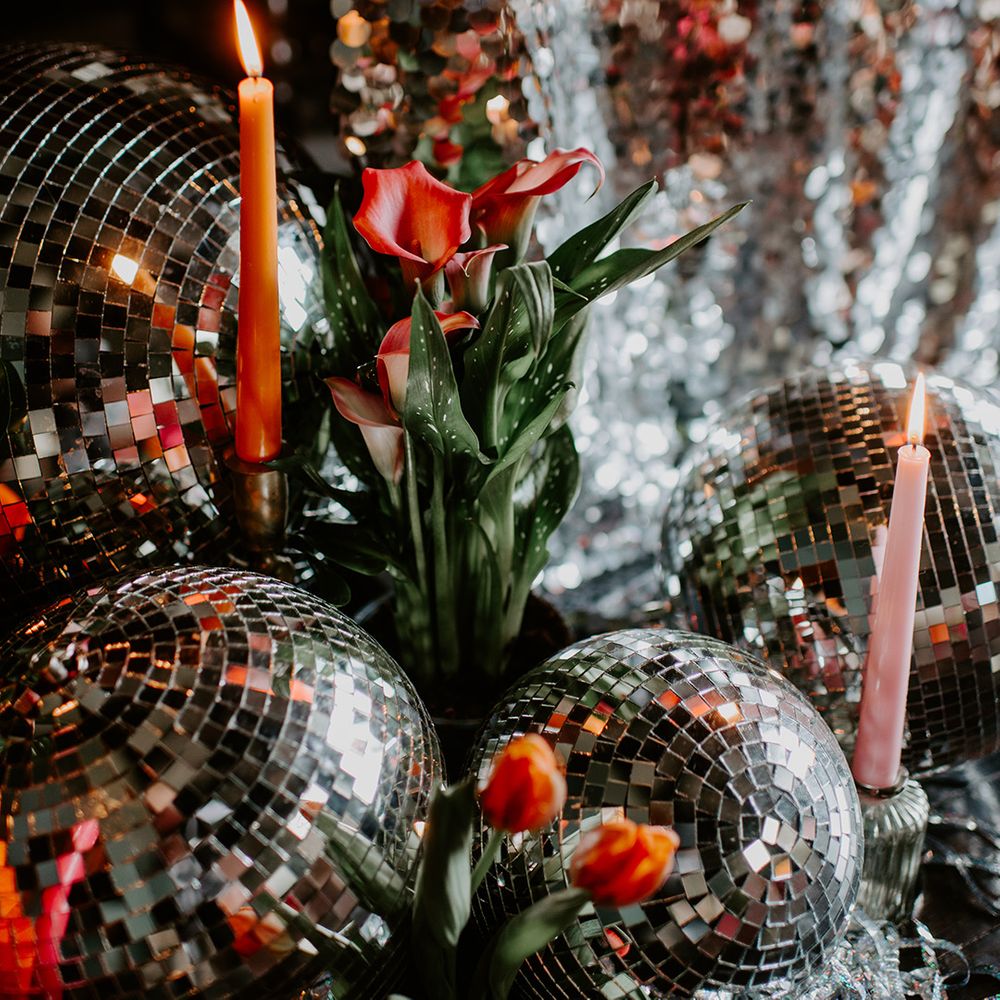 Disco balles, calla lilies and tulips wedding decor 