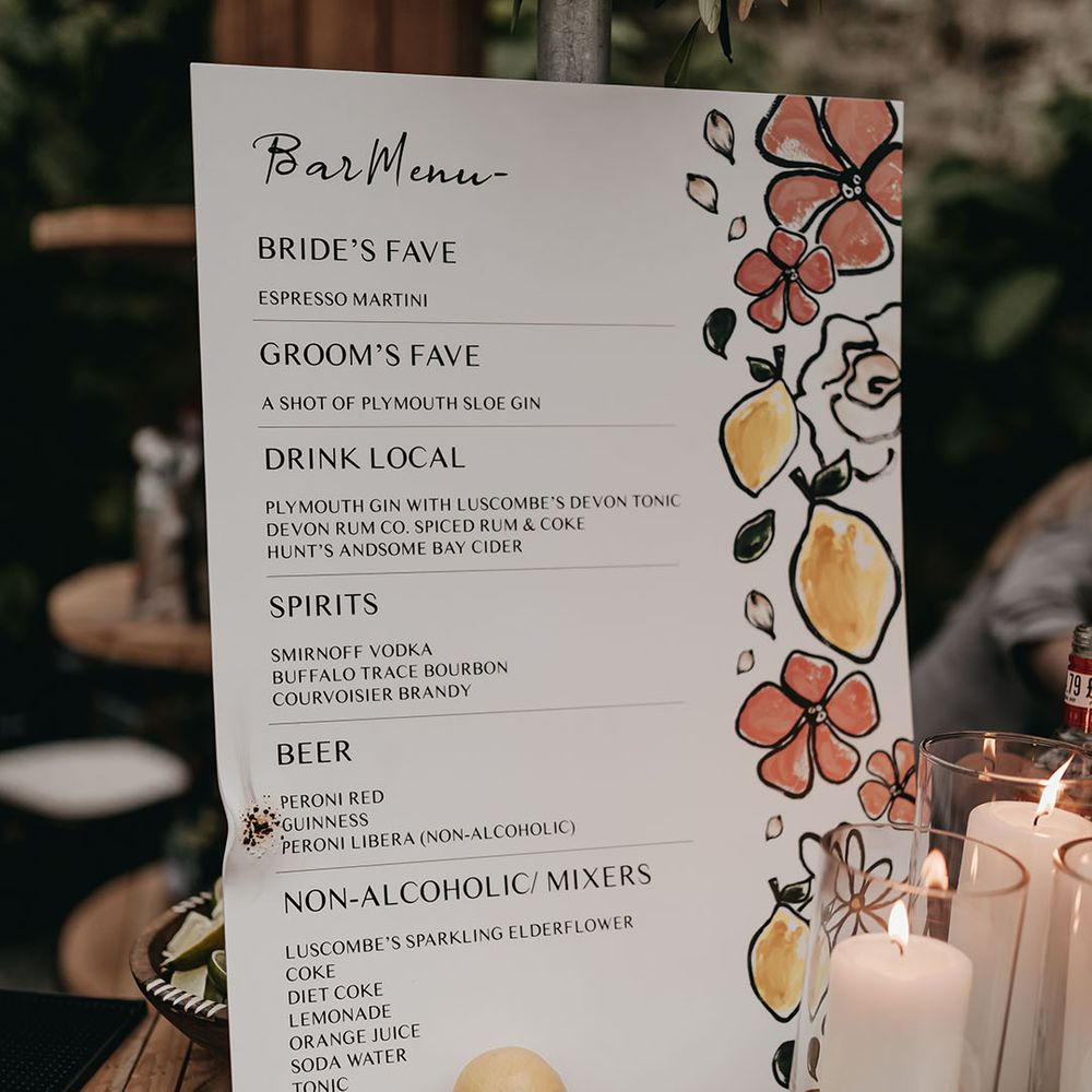 DIY wedding drinks menu with a flower and lemon design 