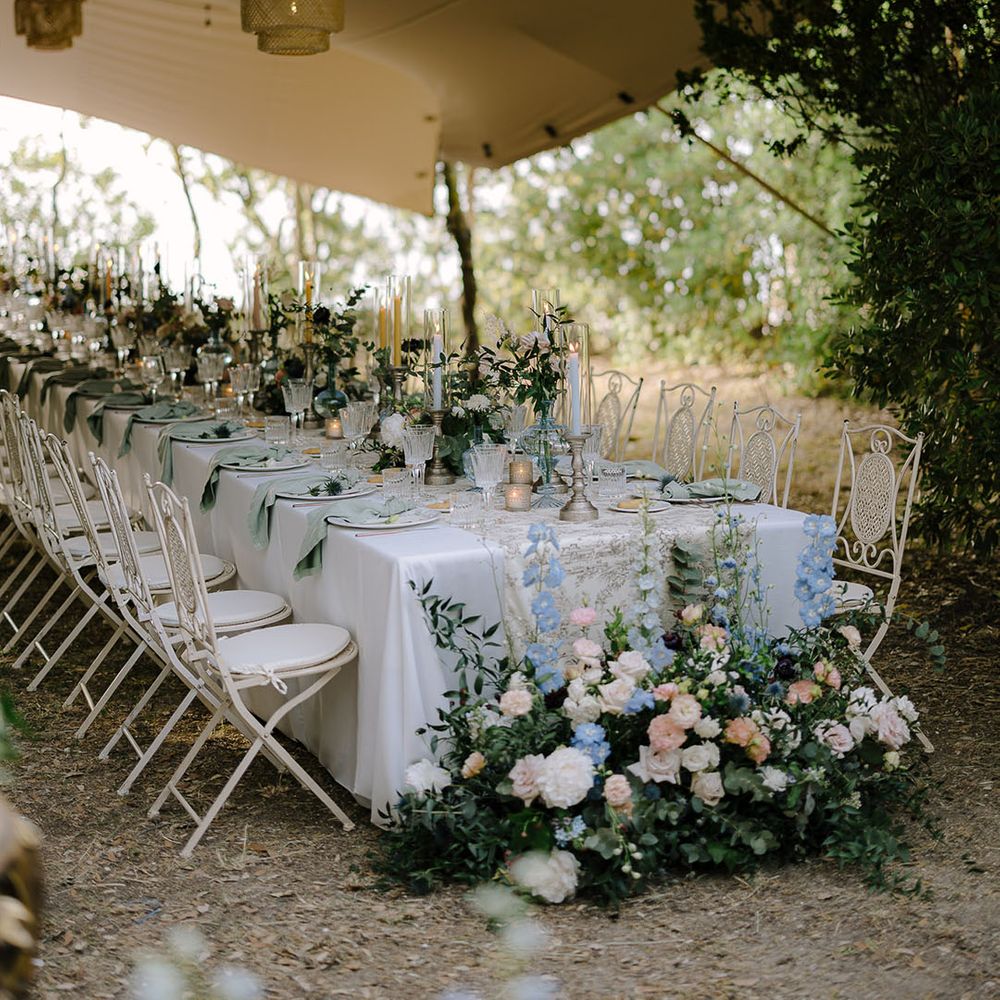 Light pink and pastel baby blue wedding flower arrangement decorations 