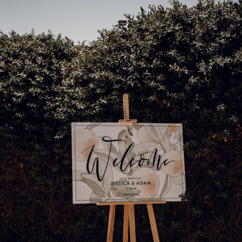 Wedding welcome sign with orange illustration