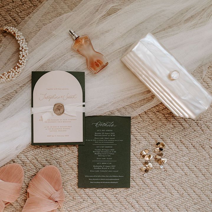 White and green wedding stationery with the bride's pearl headband, perfume, statement earrings, pearlised clutch bag, veil and Loeffler Randall shoes
