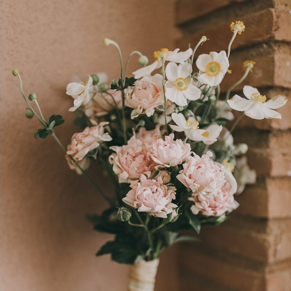 seasonal pink and white flower wedding bouquet 