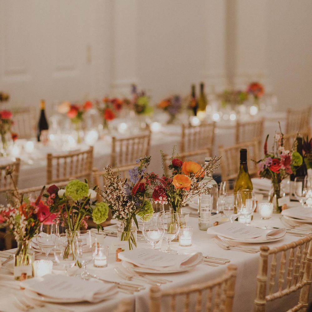 London Wedding Banquet Table Décor Inspiration with Bright Flowers