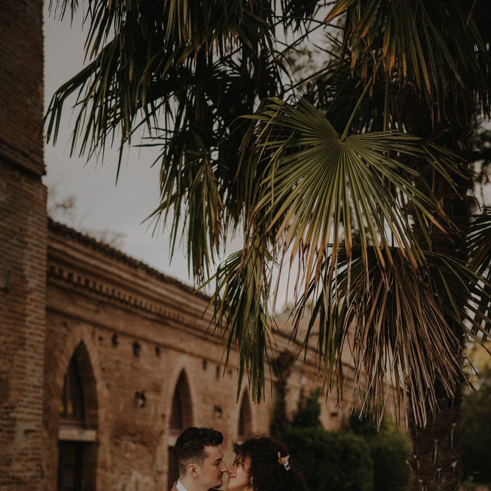 Bride and groom portrait at autumn wedding inspirational shoot at Château de Caumont