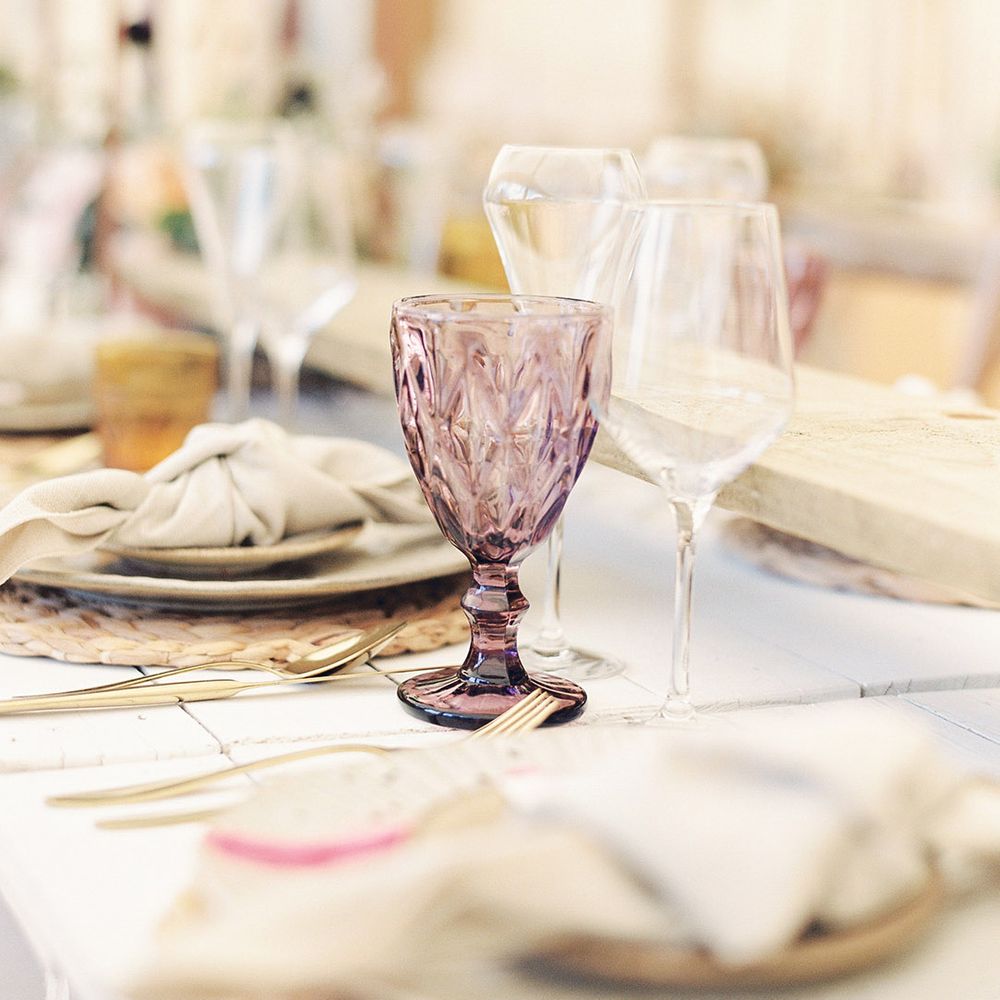 Coloured glassware for marquee wedding