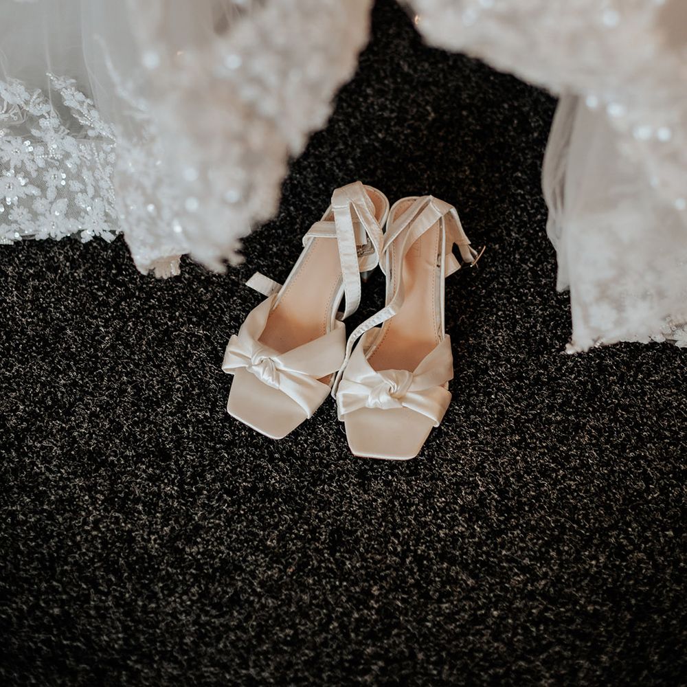 Square toe white satin wedding shoes with bow detail with ankle strap 