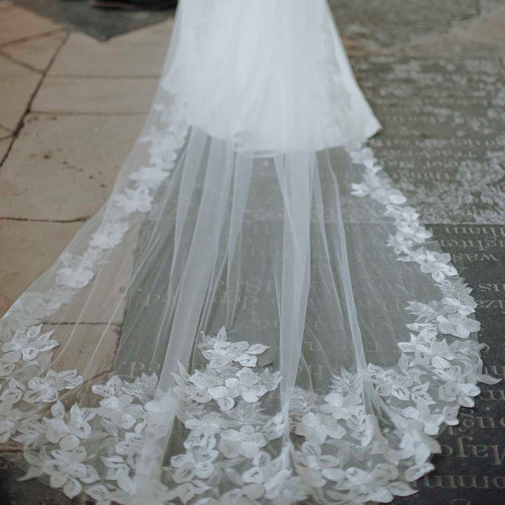 cathedral length veil with leaf appliqué design around the edge 