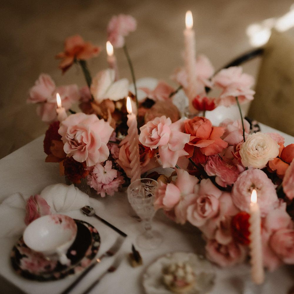 Pink and peach wedding flower centrepiece for luxe romantic wedding