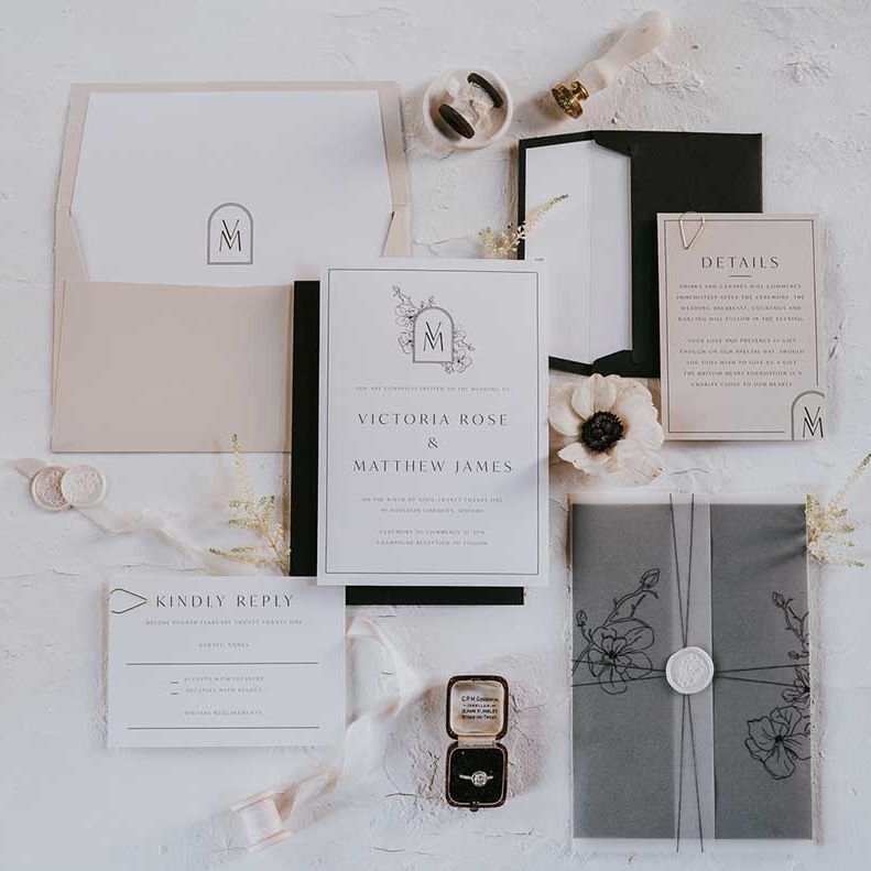 Monochrome wedding stationery suite with vellum and wax seal details