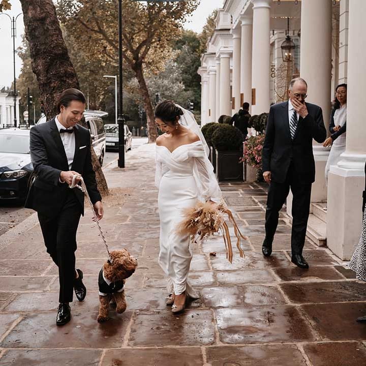 Chelsea Town Hall wedding Bride and Groom outside with wedding guests and cockapoo dog 