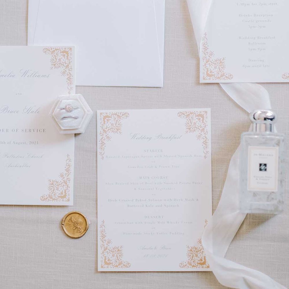 Classic white and gold wedding stationery suite 