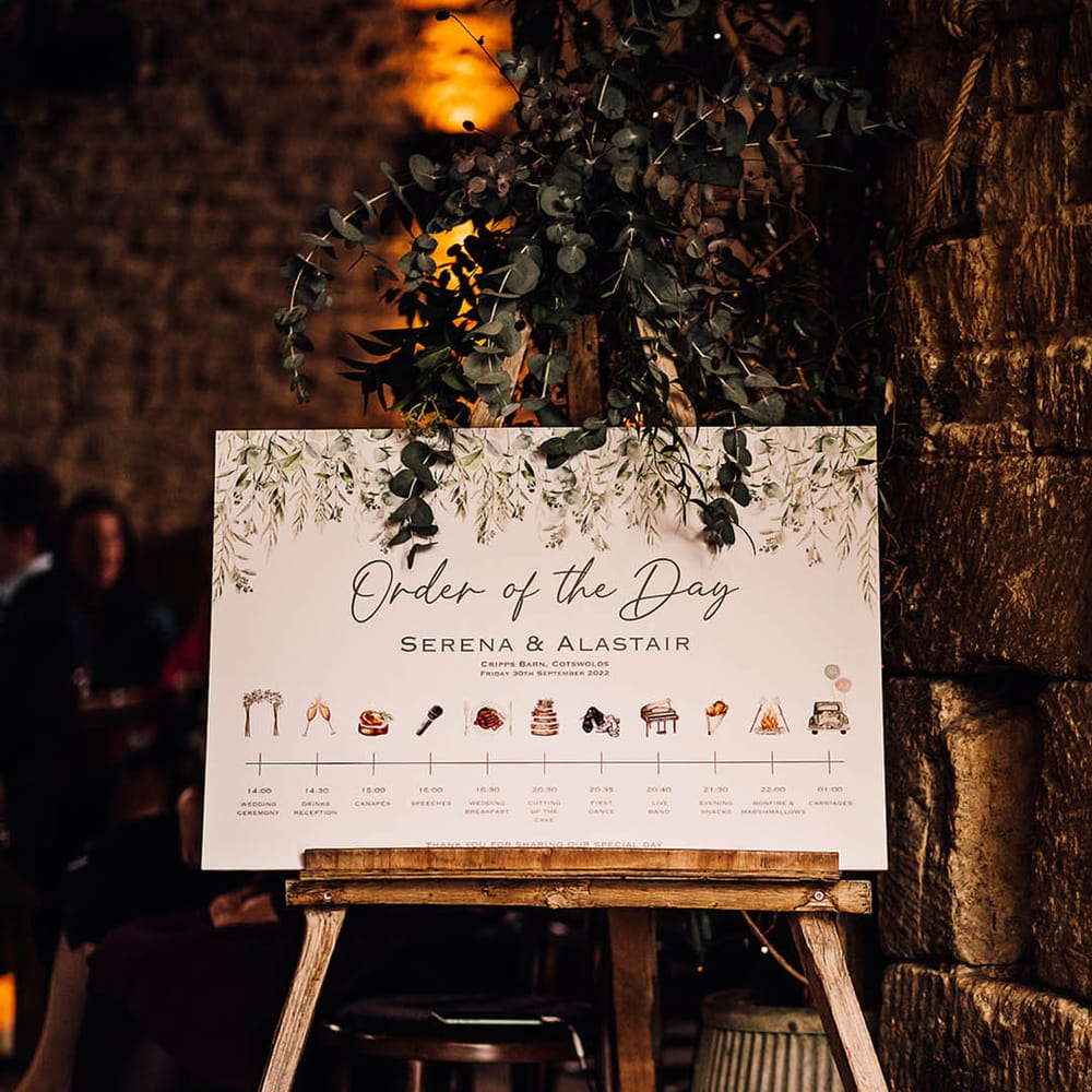 A wedding order of the day sign with images of each part of the day and foliage decor 