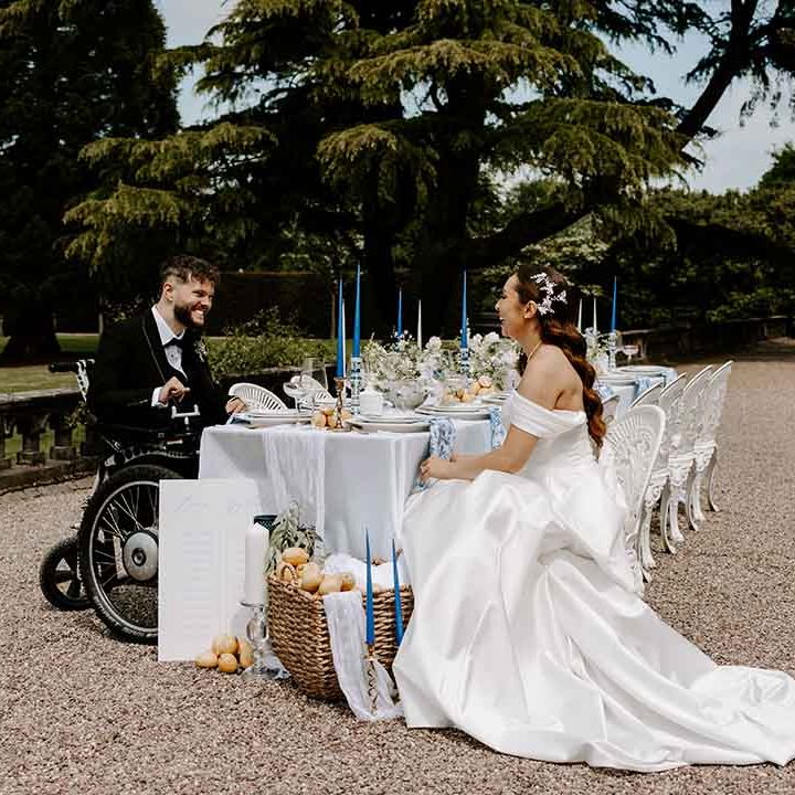 inter abled couple at their outdoor Italian inspired Capesthorne Hall wedding 