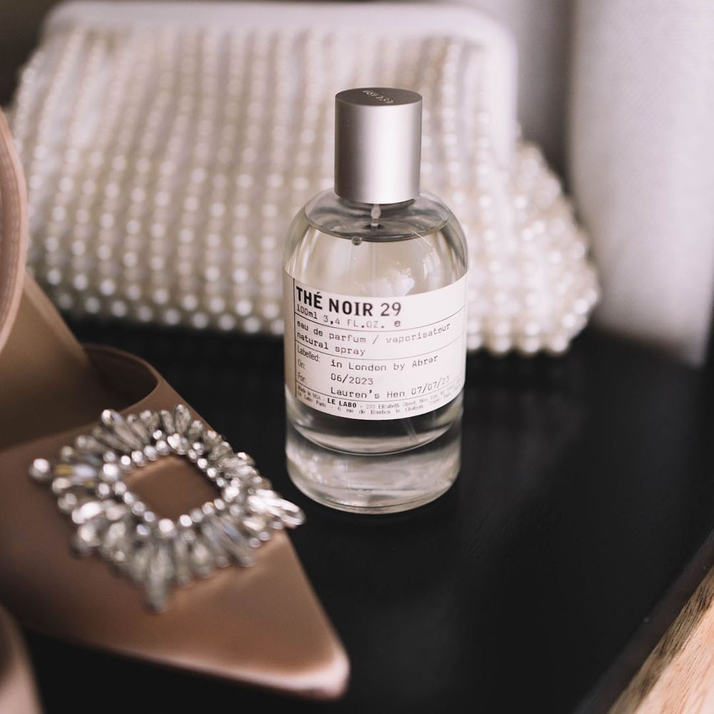 La Labo wedding perfume scent with sparkly wedding shoes and pearl clutch bag 