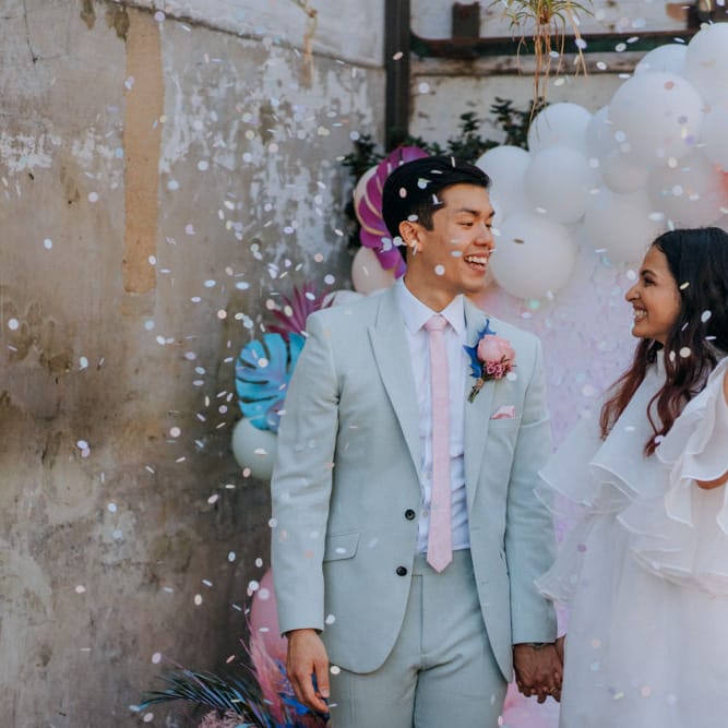 Holographic pastel festival wedding by Fresh Meat Workshop and Jump The Broom