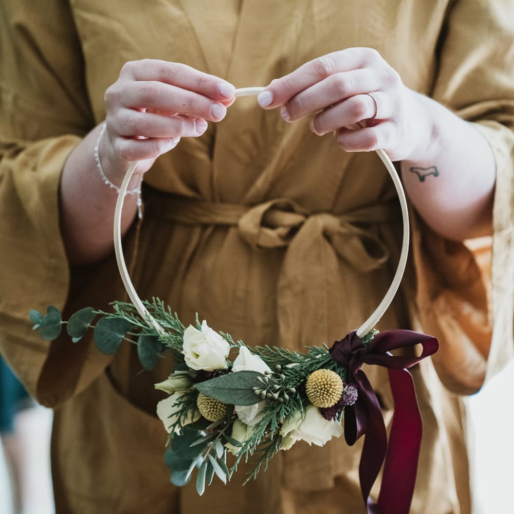 Bridesmaids flower hoop bouquet with Billy buttons and ribbon