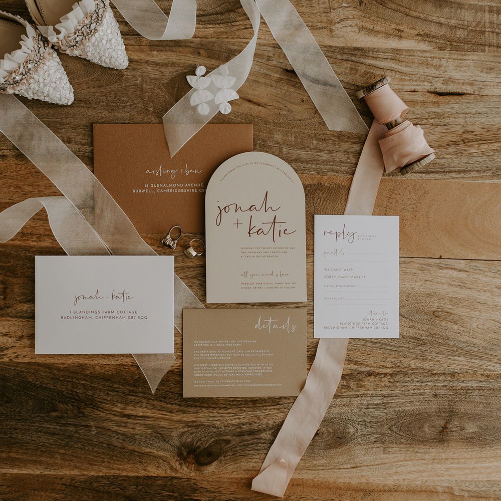 Brown and beige contemporary wedding stationery suite with invitation, details, RSVP and envelopes