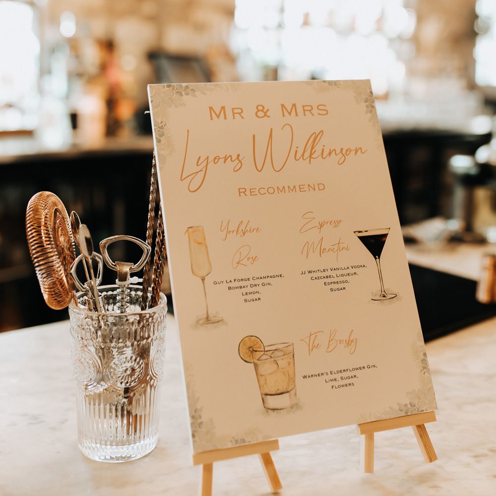 Wedding signature cocktail sign with watercolour illustrations on mini wooden easel 