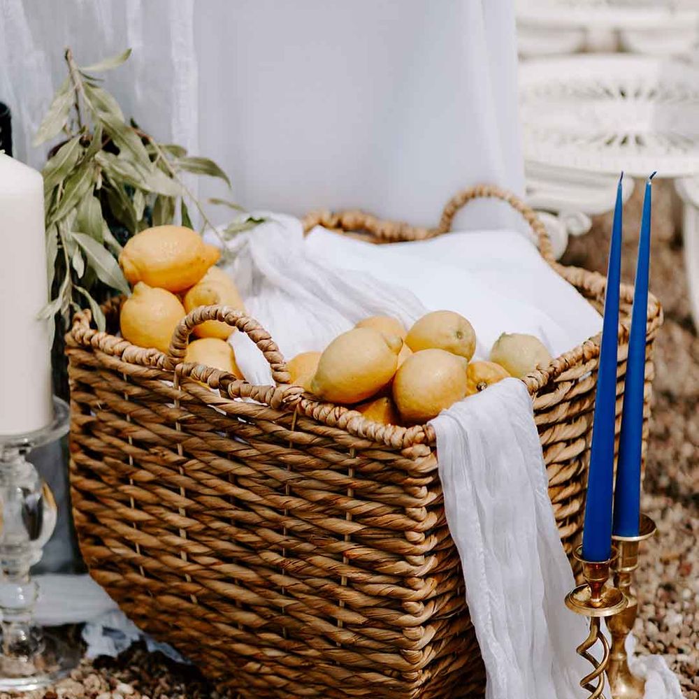 wicker basket of lemons for Italian style wedding decor 
