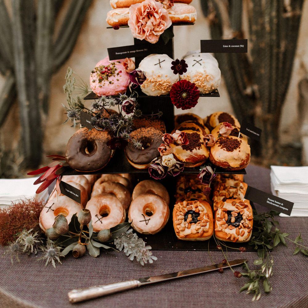 Doughnut tower alternative wedding cake for Syon Park wedding